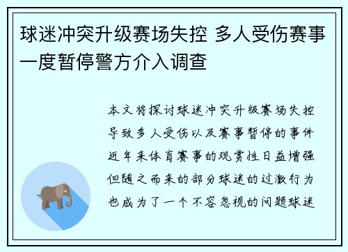 球迷冲突升级赛场失控 多人受伤赛事一度暂停警方介入调查